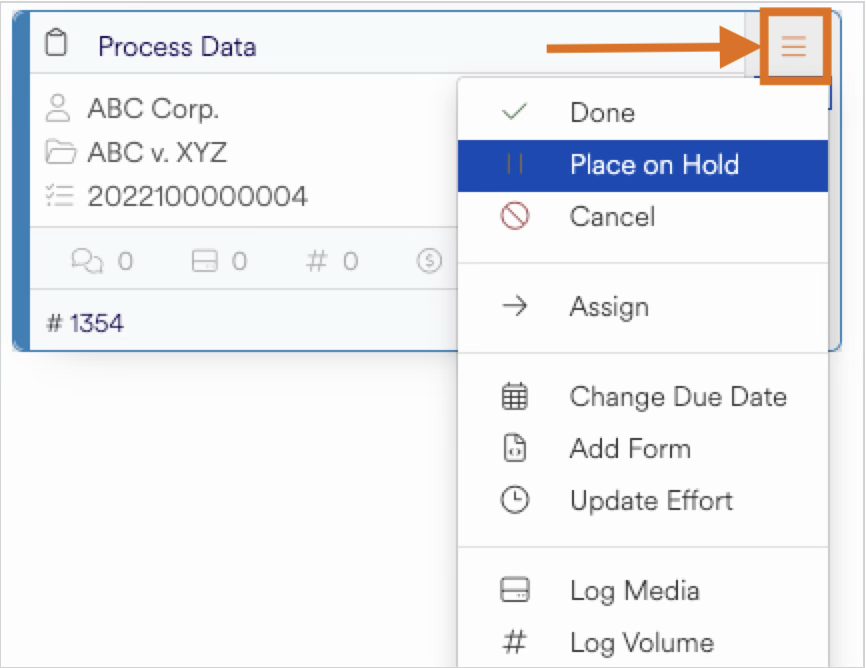 Menu options for managing process data, including placing items on hold.